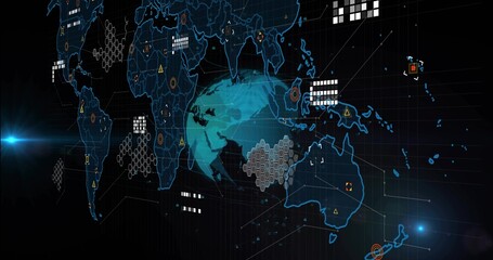 Displaying cyan globe floating over digital dashboard, showing blue map, hex nodes, data panels