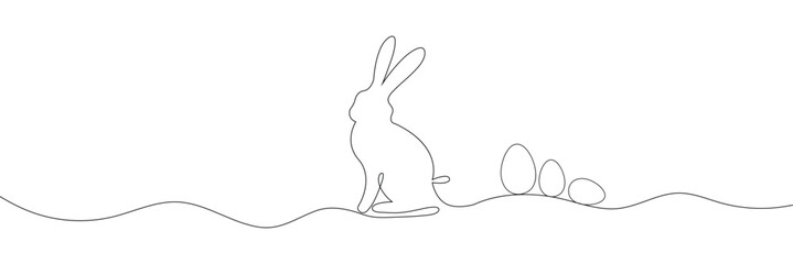 One continuous line drawing of Easter rabbit. Banner design with bunny and ears in simple linear style. Editable stroke. Doodle vector file illustration. EPS 10 .