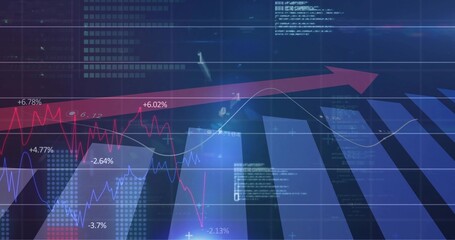 Showing finance chart on deep blue gradient, with upward red arrow, line graphs, bars, labels