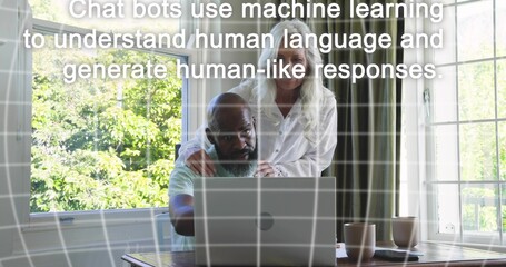 Using laptop, Black-man-in-tee at table by windows, woman-in-white resting hands, mugs, overlay