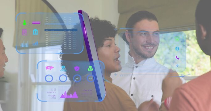 Discussing team in business casual pointing at holographic panels in home office, vertical tablet