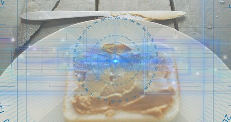 Displaying square toast slice on white plate atop wooden tabletop, showing metal knife and blue HUD
