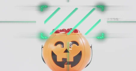 Fotobehang Vlees Displaying orange pumpkin bucket with black handles on tabletop showing glossy red candies AR 671  © vectorfusionart