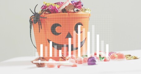 Sitting orange pumpkin bucket holding wrapped candy, gummies, black spider on white table, graph © vectorfusionart