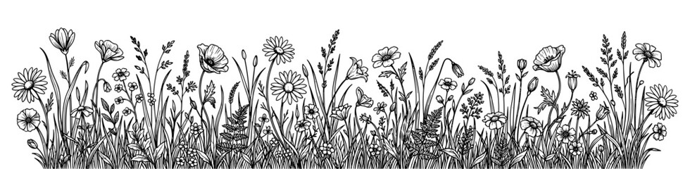 Hand-drawn wildflower border with diverse blooms