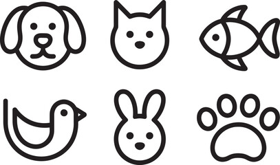 Pets and animals icons set featuring dog cat fish bird rabbit and animal paw print
