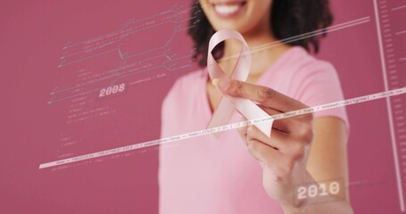Extending woman holding pink ribbon in studio, showing light pink shirt and data overlays 2008 2010