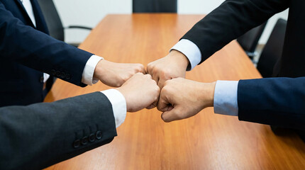Cropped of a business teams hands clasped together in a fist bump, showcasing their camaraderie and unity. The image captures the essence of teamwork