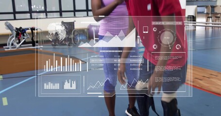 Standing two people training on gym court, red top, lavender leggings, HUD overlay, prosthetic leg