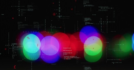 Glowing cluster overlapping colored bokeh orbs on black backdrop, with binary digits and red icons