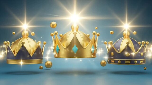 Epiphany animation showing luminous floating crowns moving in radiant festive atmosphere inspired by dia de reyes tradition emphasizing three kings symbolism in vibrant scene glow
