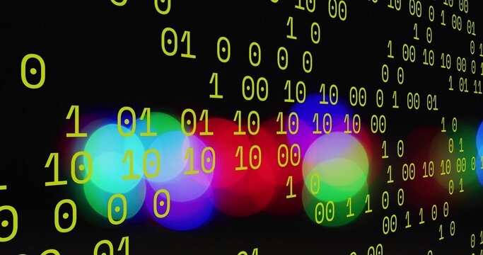 Glowing yellow binary digits forming vertical columns over digital studio, with colorful bokeh