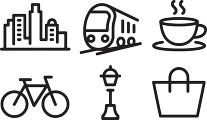 Urban activities and transit icons set including cityscape train coffee bicycle lamppost and bag