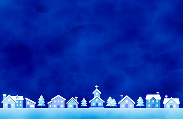 青い冬の夜空と雪の町並みのイラスト