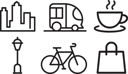 Urban leisure and transport line icons featuring city skyline camper van coffee street lamp bicycle and retail bag
