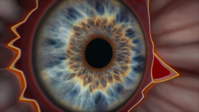 Detailed cross-section animation of the human eye revealing intricate layers including the iris pupil and retina with light rays entering and reflecting off the lens
