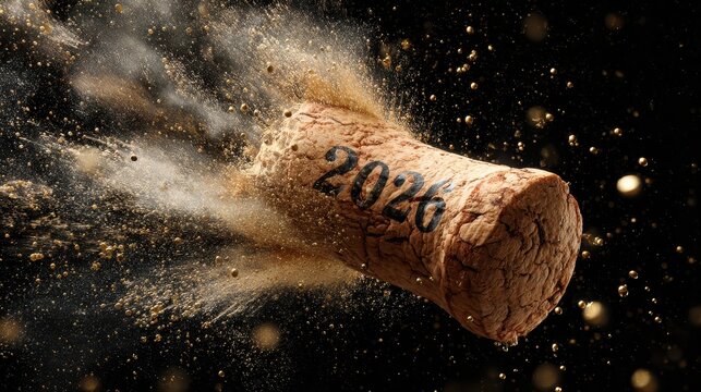 A bottle of champagne is exploding into the air