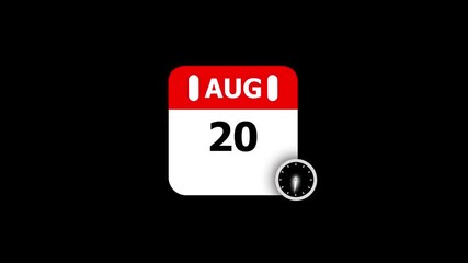 August 20th Calendar Page with Clock Icon on Black Background .