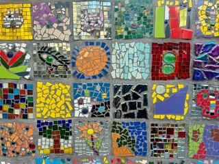 Decorative colourful tiles on a wall. cracks on the wall, ceramic abstract background. Colorful...