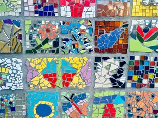 Obraz premium Decorative colourful tiles on a wall. cracks on the wall, ceramic abstract background. Colorful vintage ceramic tiles wall decoration 