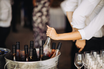 Hand picking wine bottle from ice bucket at event