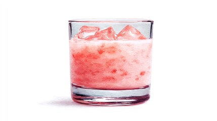 A glass of refreshing pink drink with crushed ice and ice cubes on a white background captured in an artistic style