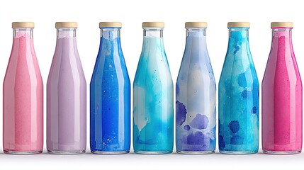 Seven glass bottles filled with pink purple and varied blue abstract liquids stand aligned on a white background