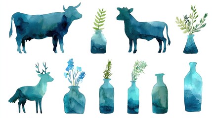 Abstract blue watercolor silhouettes of cows and a deer with assorted vases containing plants and flowers on a white background