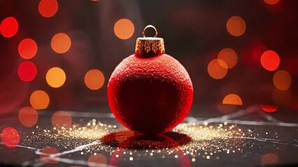 Extreme 4K shot of a single luxury red ornament on matte black marble. Surrounded by gold glitter dust. Dramatic spotlight creates deep shadows. Soft red ambient glow, atmospheric haze, and fine metal