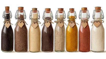 Eight illustrated glass swing top bottles with cork stoppers and blank kraft tags containing diverse colored powders and liquids