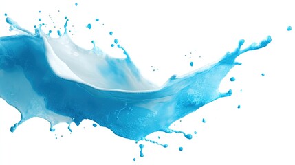 Vibrant blue liquid splash with white elements and numerous droplets on a pristine white background Dynamic fluid motion captured