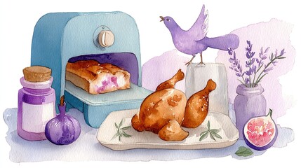 Watercolor illustration of an air fryer baking a pastry roasted chicken a purple bird lavender flowers and fresh figs Pastel food