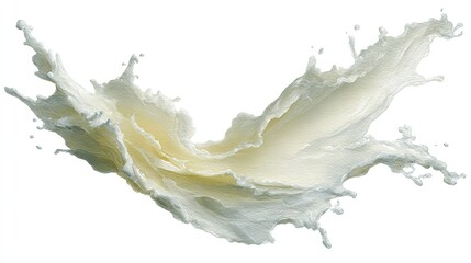 Vigorous splash of white liquid with intricate droplets against a pristine white background Dynamic fluid motion captured in