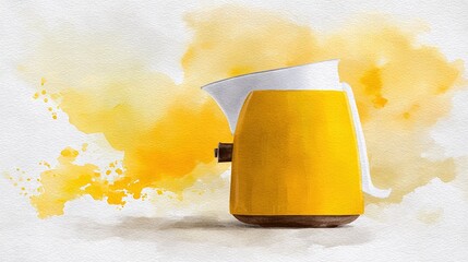 Vibrant yellow electric kettle illustrated in a watercolor art style It features white details and a brown base set against an