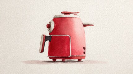 Vibrant red retro futuristic kitchen appliance illustration in watercolor on textured white paper Stylized vintage design