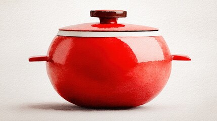 Vibrant red round cooking pot with a brown knobbed lid and small side handles Watercolor style illustration on a plain white