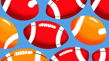 A bunch of footballs in different colors are scattered across a blue background. Concept of playfulness and fun, as the footballs are arranged in a playful manner