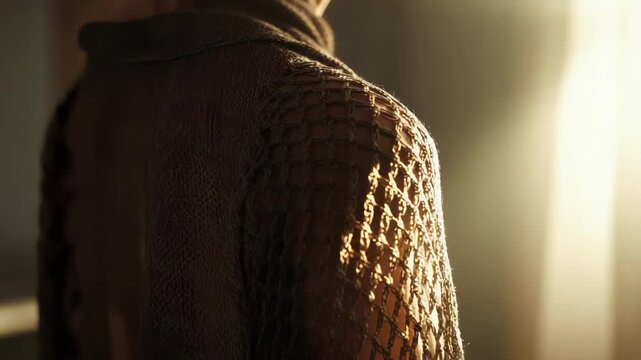 A person wearing a dark mesh/fishnet garment over the shoulder in a dim, warm-lit interior.