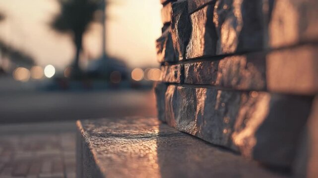 Close-up of a textured stone ledge beside a brick wall, bathed in golden-hour light with a blurred street scene in the background.