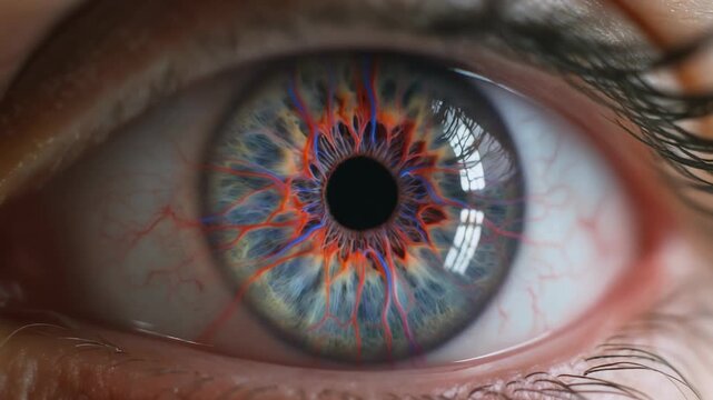 Extreme close-up of a human eye with a complex, vibrant vascular system pulsing within the iris creating an abstract, energetic, and futuristic biological pattern