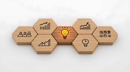 Wooden hexagonal blocks with business icons arranged in a honeycomb pattern, featuring a glowing lightbulb in the center, isolated on white background