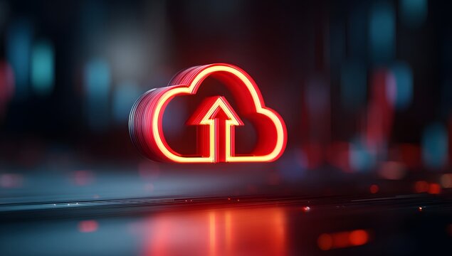 Vibrant neon cloud icon with an upward arrow symbolizing data upload and digital storage in a futuristic abstract background with bokeh lights - Powered by Adobe