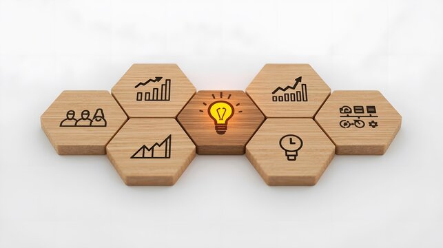 Wooden hexagonal blocks with business icons arranged in a honeycomb pattern, featuring a glowing lightbulb in the center, isolated on white background - Powered by Adobe