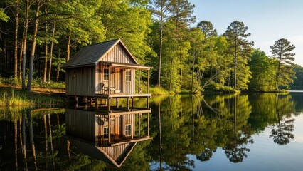 Scenic lakeside cabin retreat amidst tranquil forest reflections at sunrise