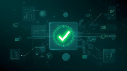 Digital technology concept with glowing green checkmark symbol inside a futuristic interface, symbolizing validation, success, security, and approval in a dark background