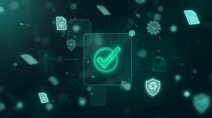 Digital concept of secure data verification and compliance with a glowing green checkmark icon in a futuristic network environment