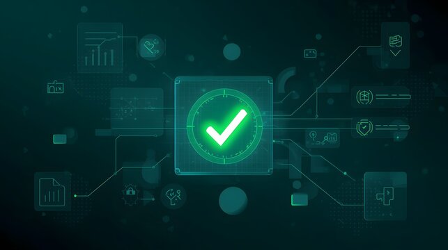 Digital technology concept with glowing green checkmark symbol inside a futuristic interface, symbolizing validation, success, security, and approval in a dark background