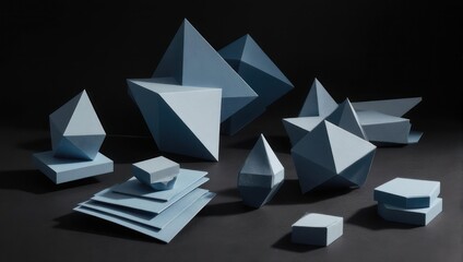 Fototapeta premium Geometric, blue paper shapes arranged against a dark backdrop, creating a still life