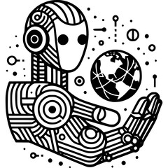 Fototapeta premium Digital Guardian of Earth: An intricately designed digital humanoid cradles the globe, signifying technology's role in safeguarding our world and exploring the boundless future 