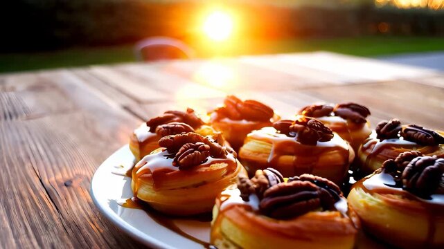 A plate of delicious pecan pastries sits on a rustic wooden table, illuminated by the warm glow of the setting sun. The golden pastries are topped with glossy caramel and crunchy p